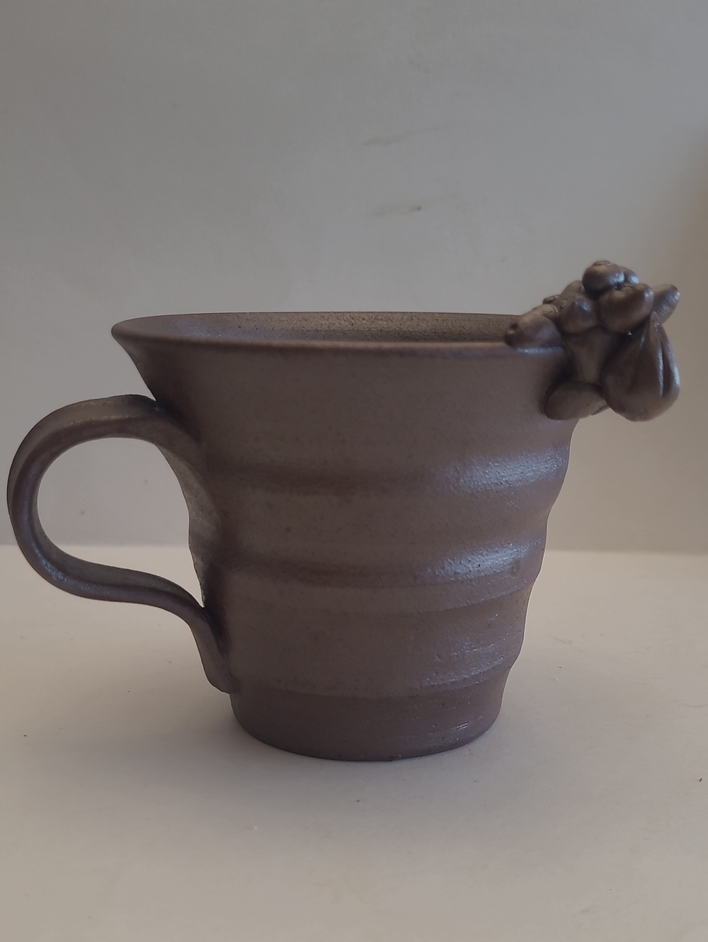 Unglazed Brown Clay Mug With Animal